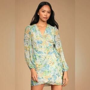 Lulu's Marvel at You Long Sleeve Mini Wrap Dress White Floral Print NWT Small